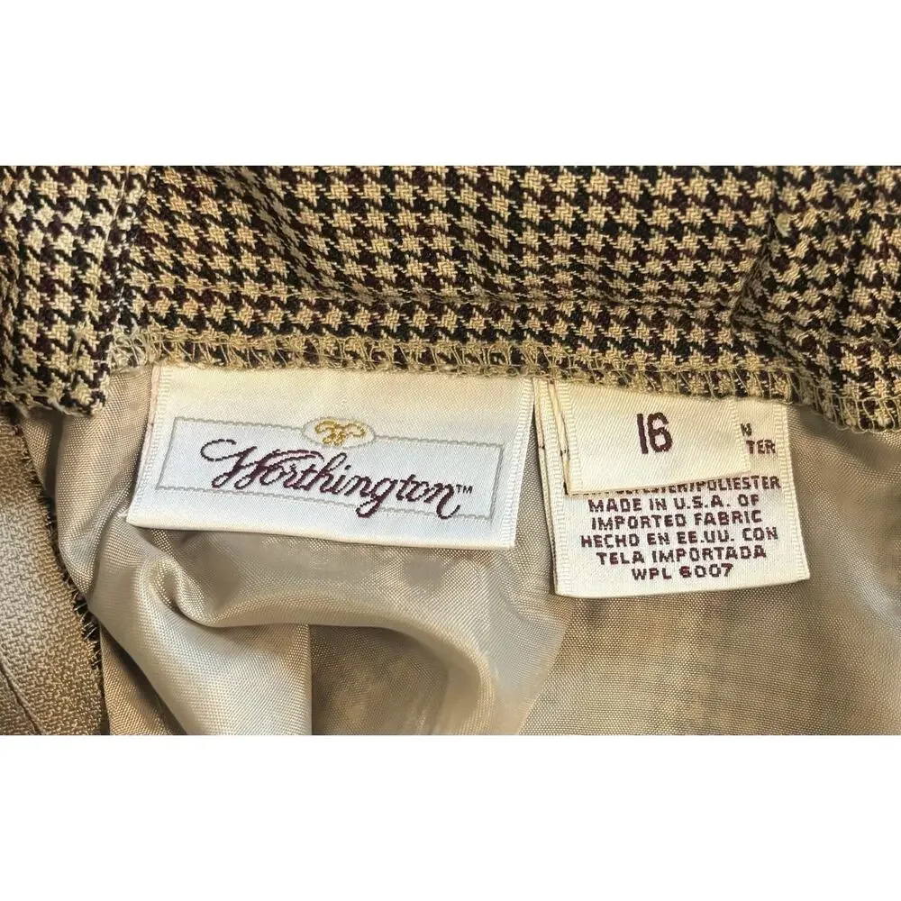 VTG Worthington Houndstooth Tweed Belted Midi Pencil Skirt Brown Beige Size 16 - Picture 7 of 12